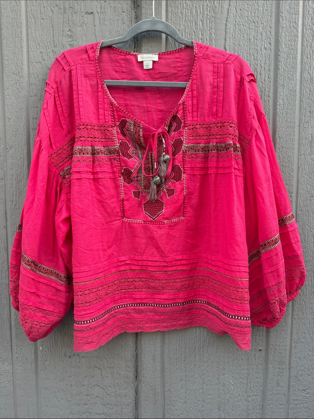 Sundance Embroidered Tassel Balloon Sleeve Top Size: L